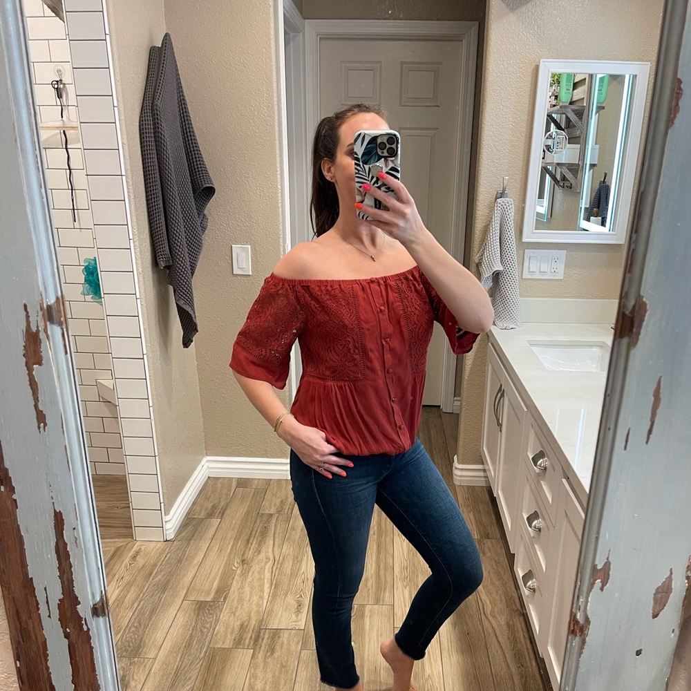 Off the shoulder burnt orange blouse